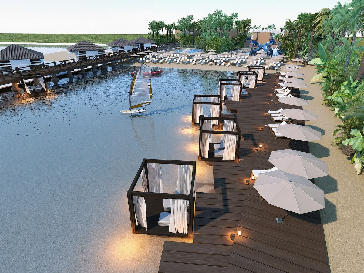 Artist’s rendering of Mangrove Beach Resort’s lagoon boardwalk, cabanas, parasols and slides